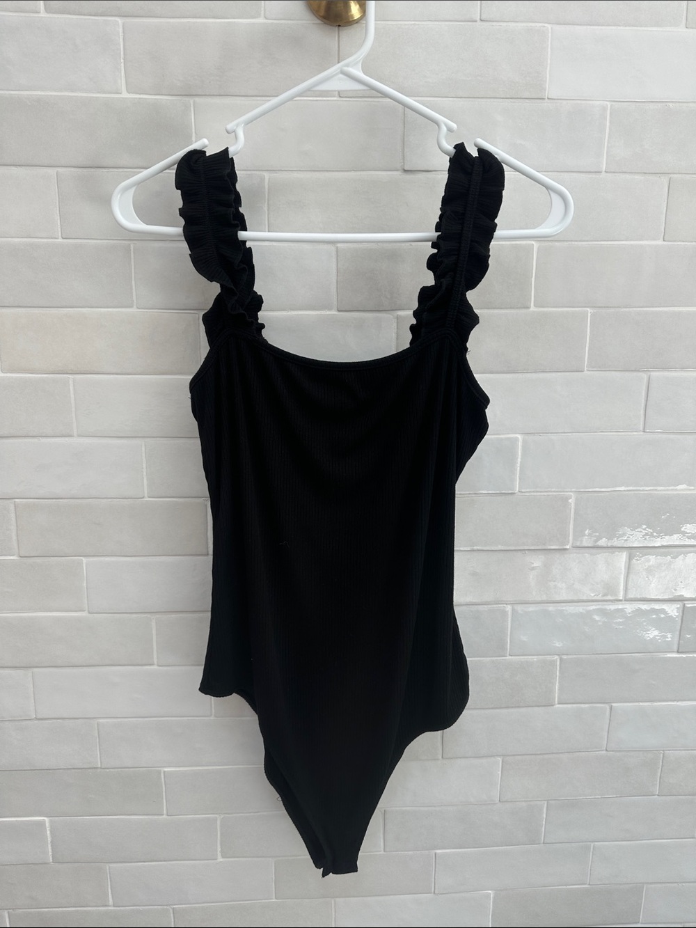 Petal & Pup Black Ruffle-Strap Ribbed Bodysuit